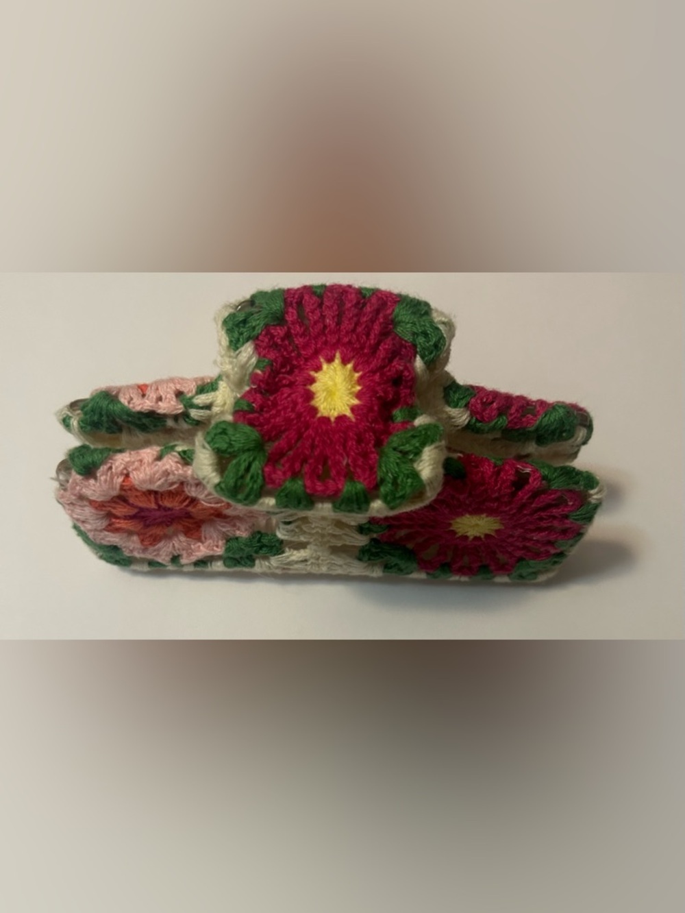 Handmade Crochet Floral Hair Clamp - Pink & Green - Picture 3 of 4